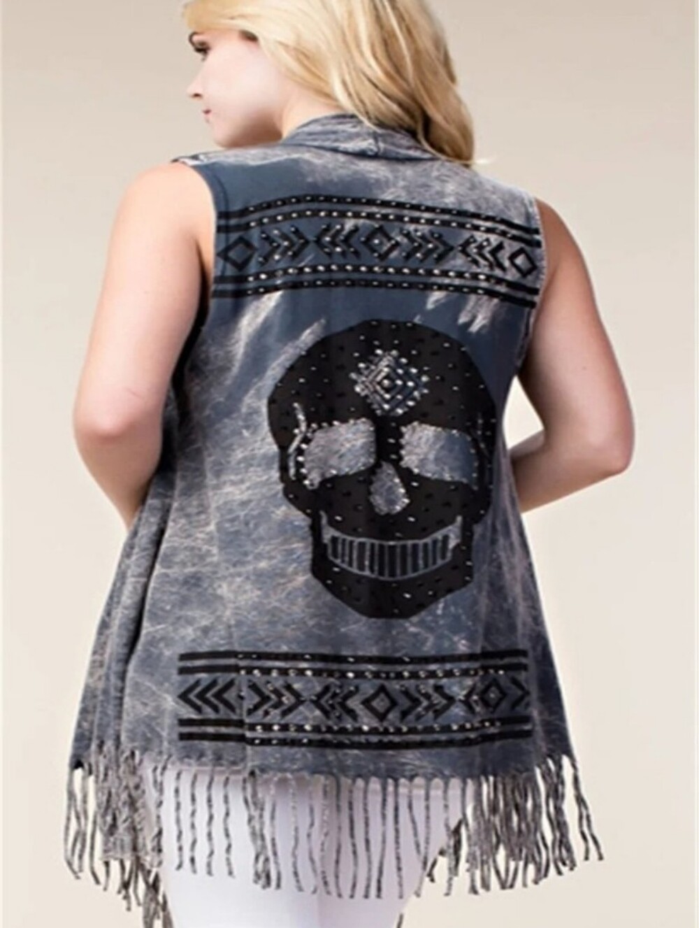 Vocal Gray Mineral-Wash Skull Studded Fringe Vest